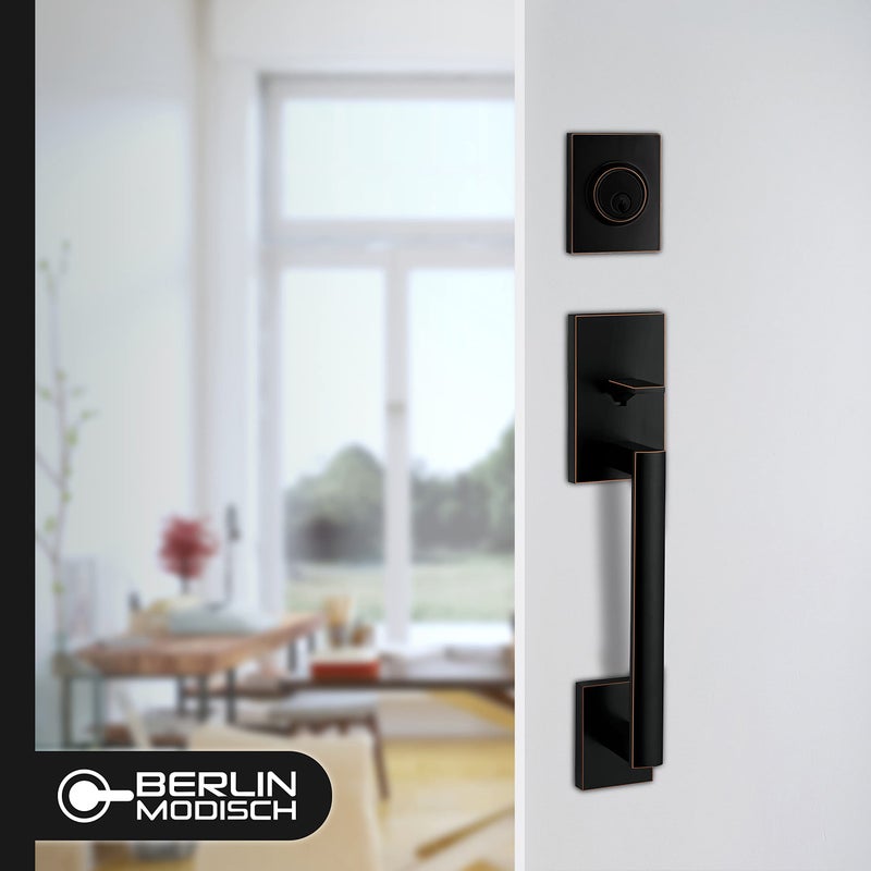 Berlin Modisch HandleSet Front Door Entry Handle and Deadbolt Lock Set Slim Square Single Cylinder Deadbolt and Lever Reversible for Right & Left Sided Doors Heavy Duty â€“ Oil Rubbed Bronze - Image 2